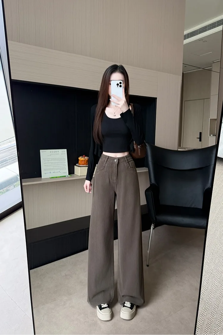 Women's Petite‑Fit Coffee‑Colored Narrow‑Cut Straight‑Leg Wide‑Leg Jeans, Versatile For Autumn And Winter Daily Outfits - view 6