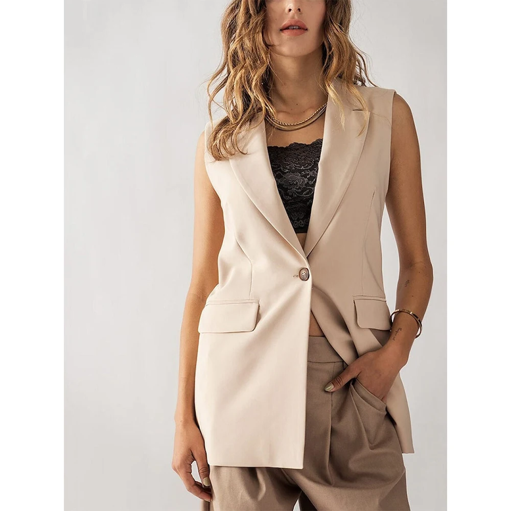 

Lady's Long Vest Beige Suit Vest Women Waistcoat Fashion Sleeveless Jacket One Button Casual 2023 Female Clothing