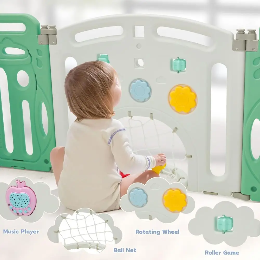 روضة بلاستيكية قابلة للطي مكونة من 14 لوحة مع باب قفل ومشغل موسيقى وهدف كرة القدم وتروس دوارة للأطفال والأطفال الصغار في Li #4