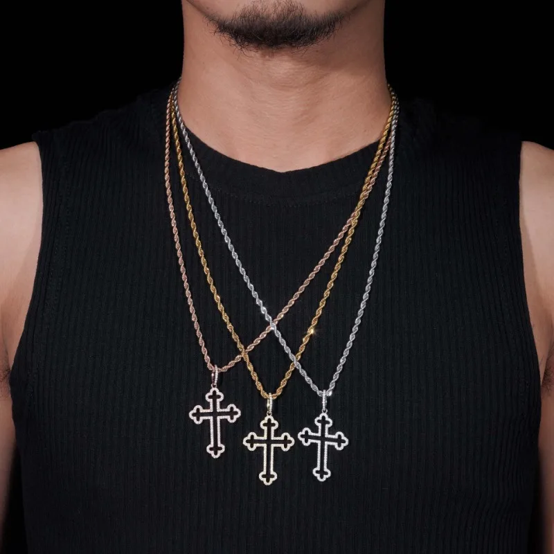 Iced Out D Color Moissanite Cross Pendant Hollow Out 925 Sterling Silver Hiphop Rock Jewelry Plated White Gold Pass Tester Gra