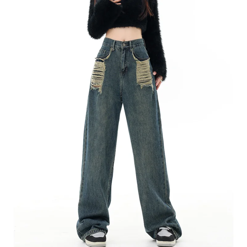 

Blue Jeans for Women High Waist American Vintage Fashion Y2K Streetwear Wide Leg Jean Female Trouser Straight Baggy Denim Pants