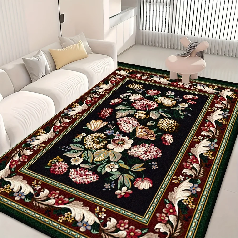 Vintage Botanical Bouquet Rug, a Retro and Luxurious Multi-Colored Floral and Leaf Border Print Rug, Suitable for Living Room and Bedroom Interior Decoration.