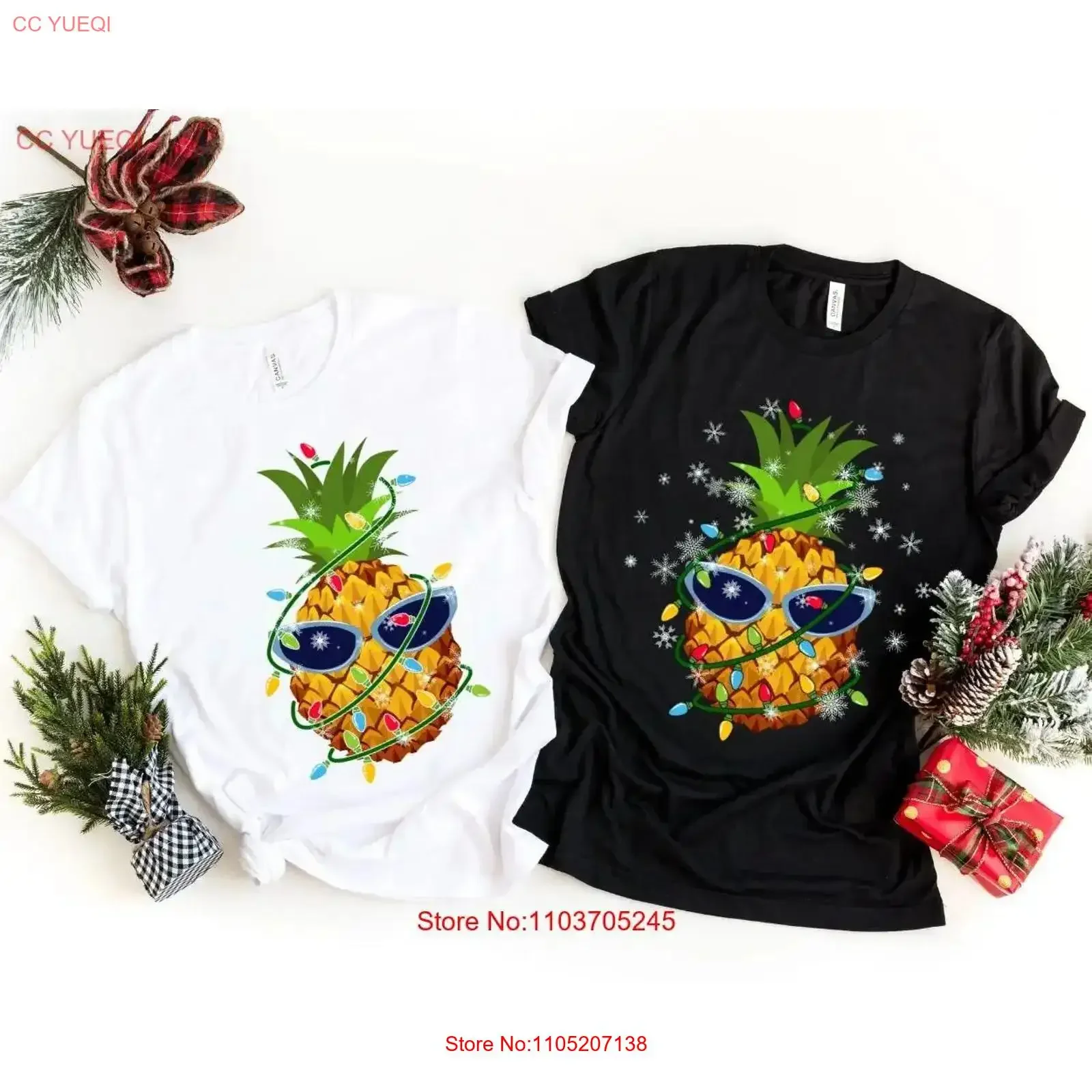 

Christmas Pineapple T Shirt Lights Matching Couples shirts Funny Fruit Holiday Beach Vacation Xmas Party vintage Washed fashion