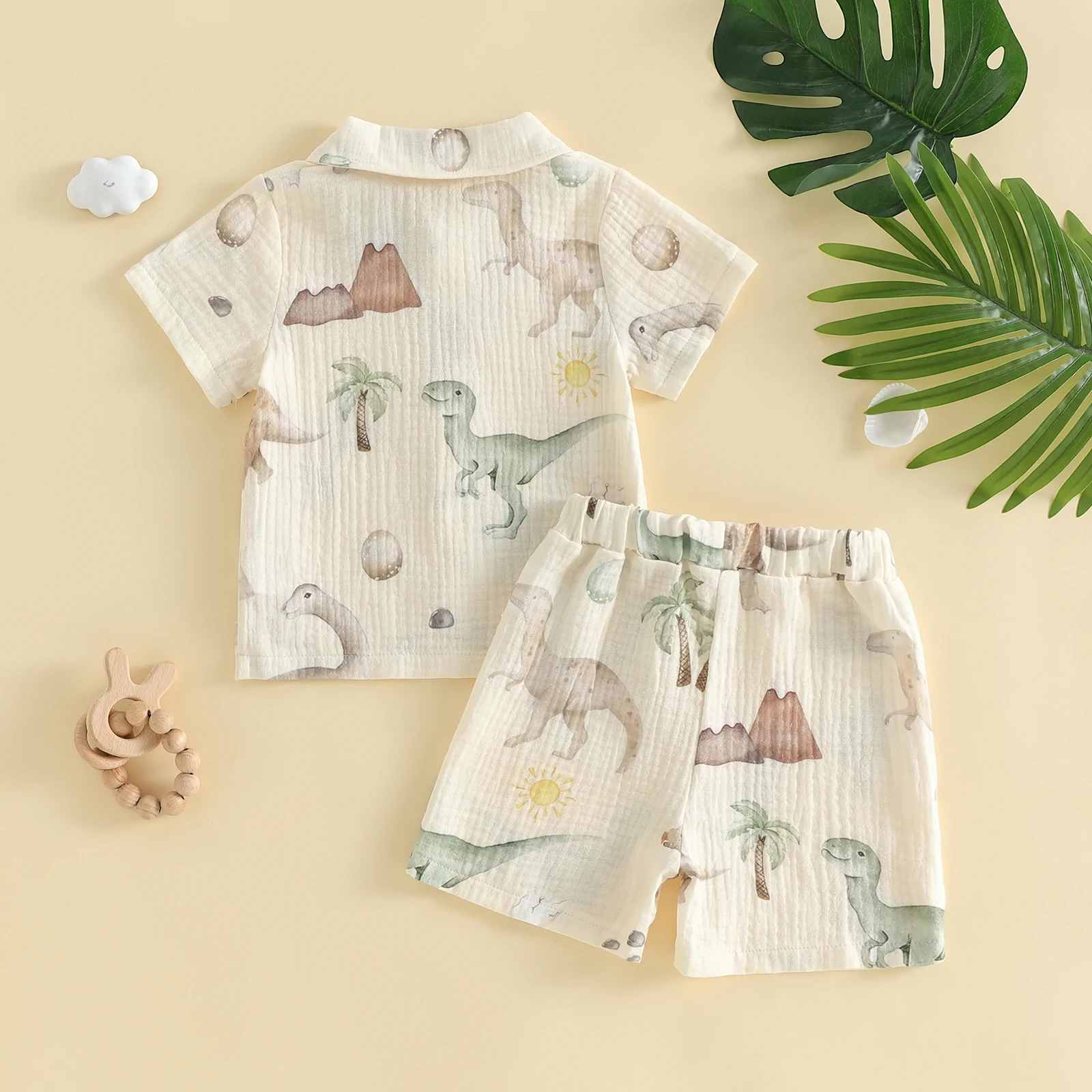 

Летний наряд для малышей, рубашка с короткими рукавами и шорты с принтом динозавра, листьев и кокосовой пальмы, комплект из 2 предметов