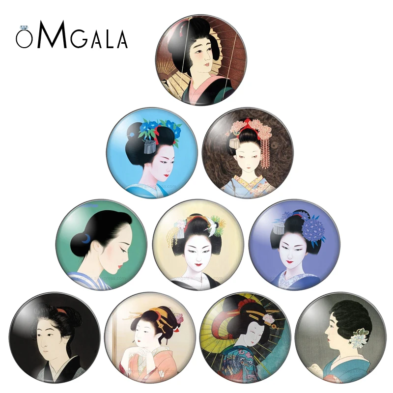 Japanese Ukiyo-e Women Art Drawing 10pcs 10mm/12mm/18mm/20mm/25mm Round photo glass cabochon demo flat back Making findings