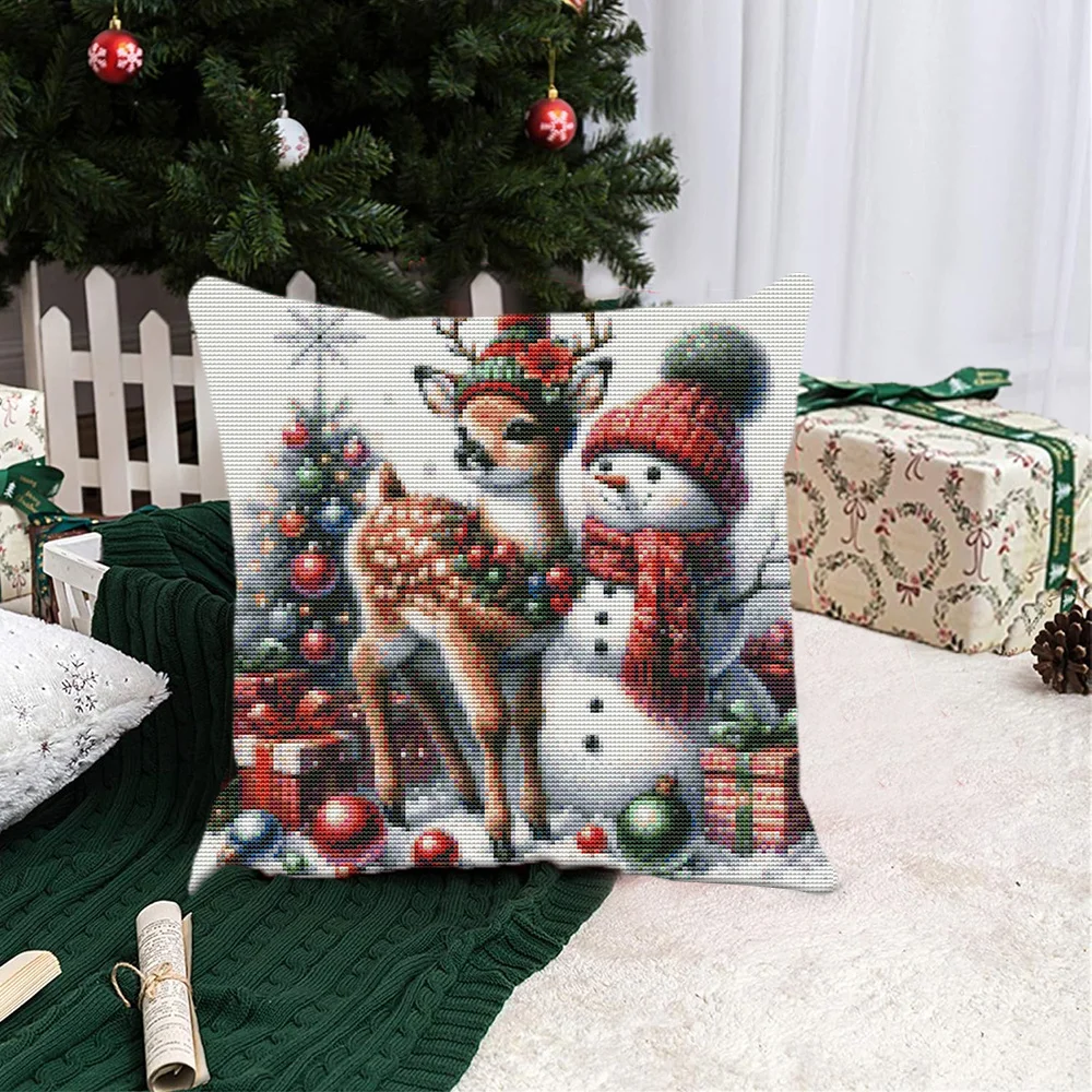 HUACAN DIY Cross Stitch Pillow Snowman Full Embroidery Animal Deer Winter 11ct Printed Canvas Christmas Unique Gift