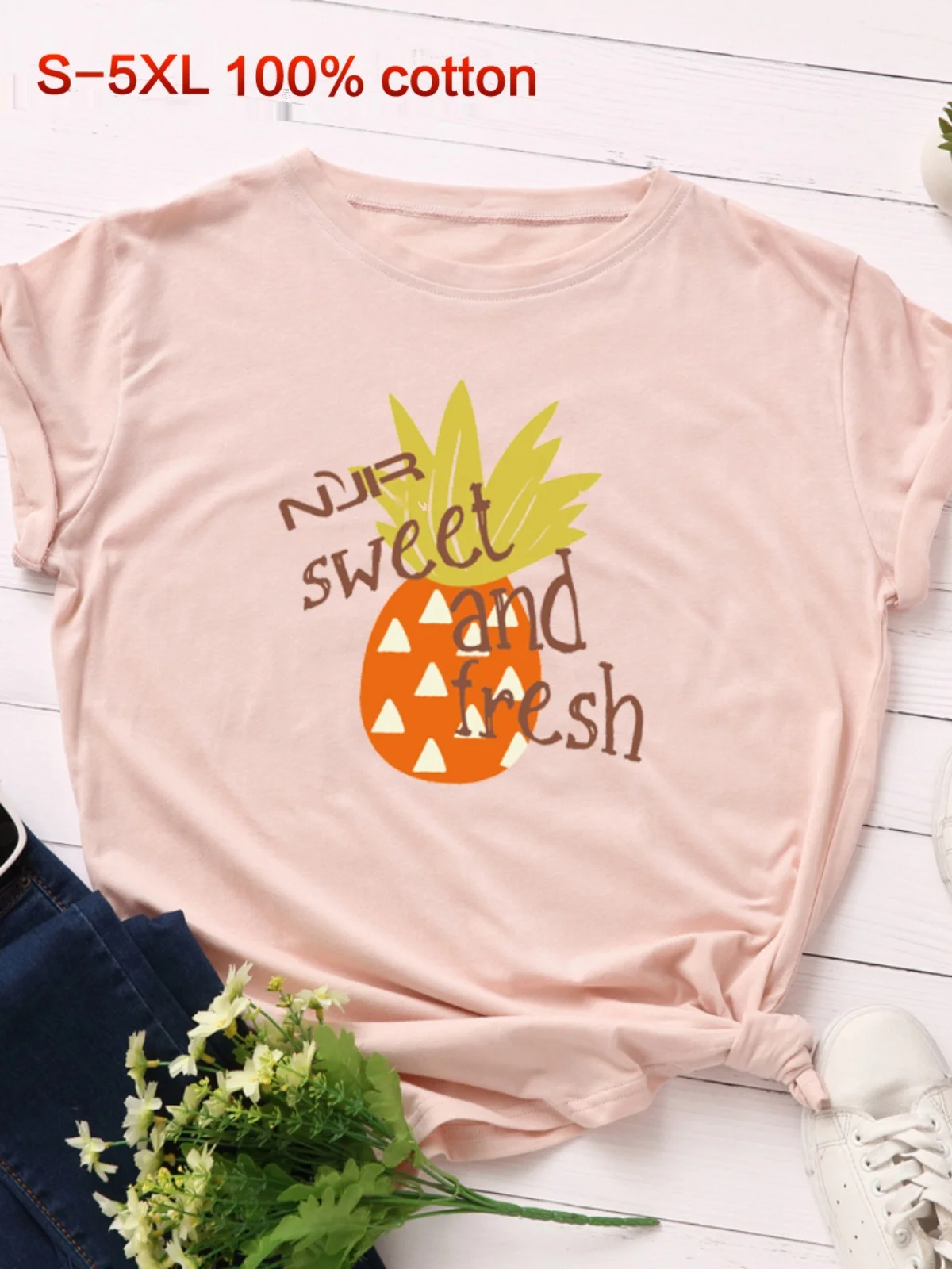 T-shirt da donna in puro cotone di grandi dimensioni Divertimento creativo Stampa di pino Street Sle Loose Fit rotondo Ne ort Sve Top