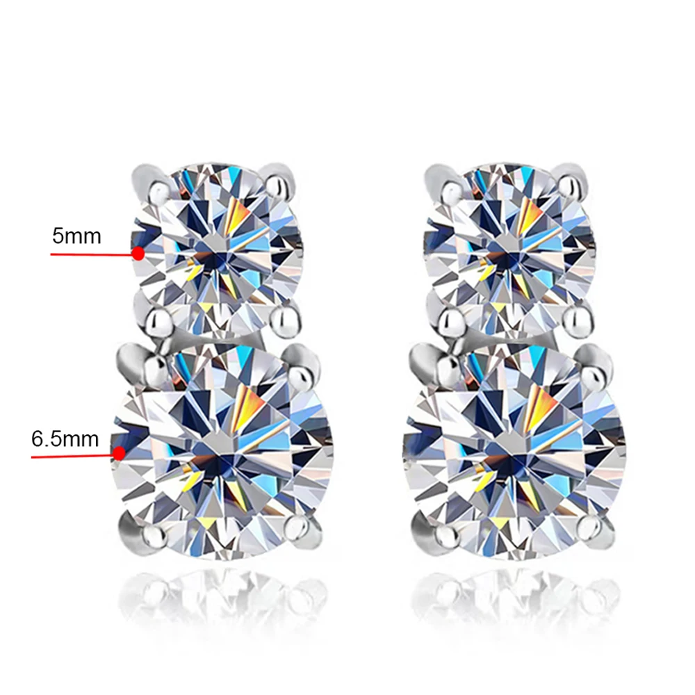 Serenity 3cttw Real D Color 5mm 6.5mm Full Moissanite Earrings For Women S925 Sterling Silver Plate Pt950 Stud Ear Fine Jewelry