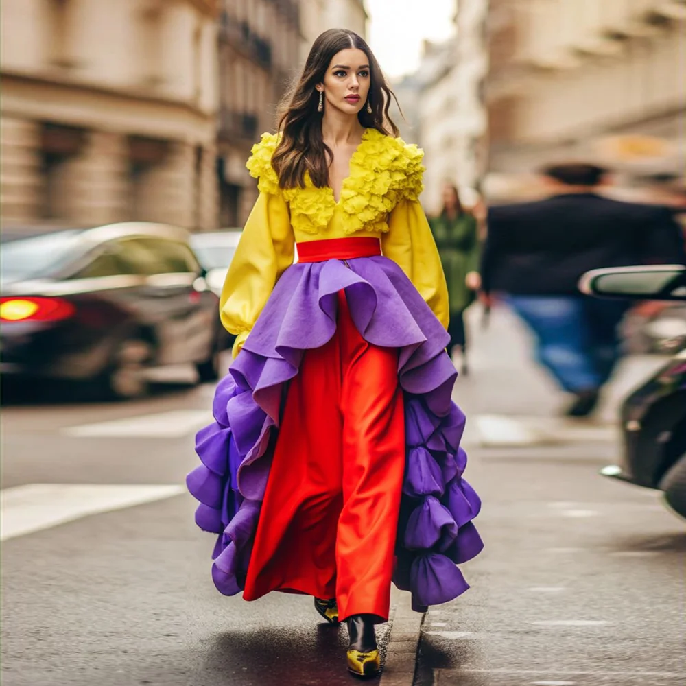 

Элегантная фиолетовая высокая низкая многослойная юбка с рюшами для женщин, атласные юбки трапециевидной формы с высокой талией, горячая распродажа 2026, новое поступление Ever Pretty