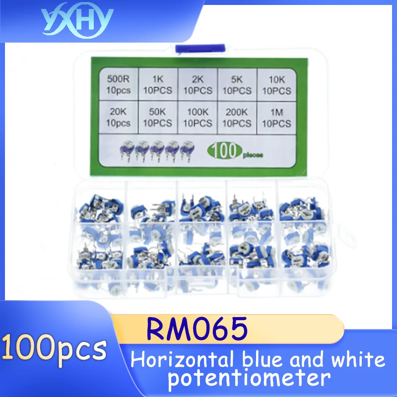 

100pcs/box 10 Adjustable Resistance RM065 Variable 1K2K5K10K50K100K100K500K Euro 1M Horizontal Blue and White Potentiometer
