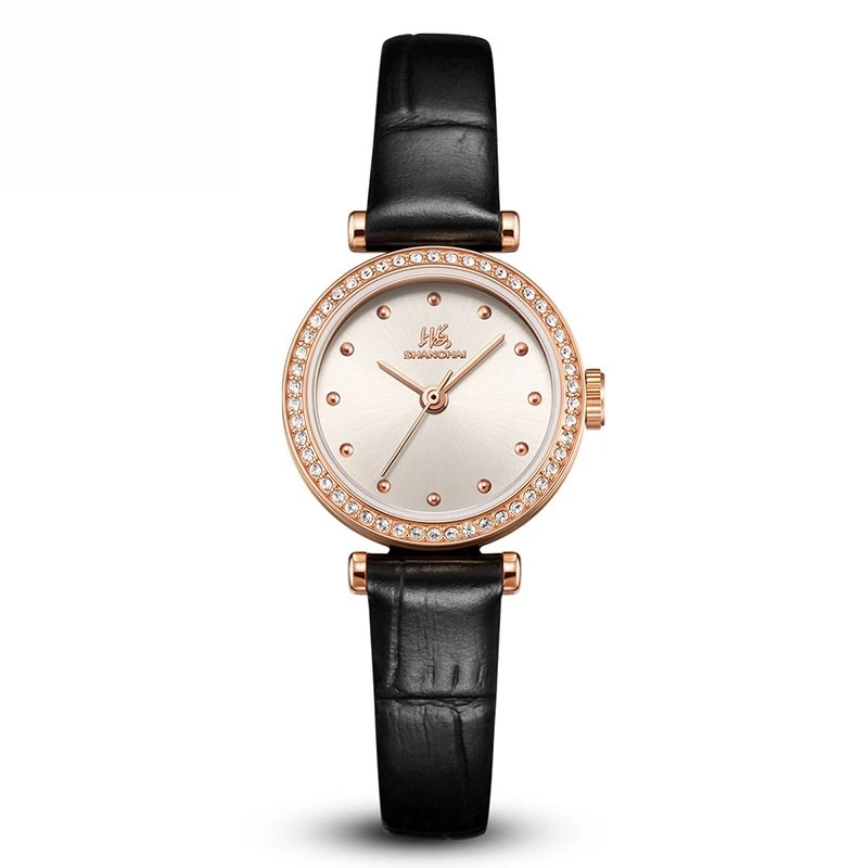 

Shanghai watch women's modern series small magnolia retro exquisite zircon shell black belt quartz watch