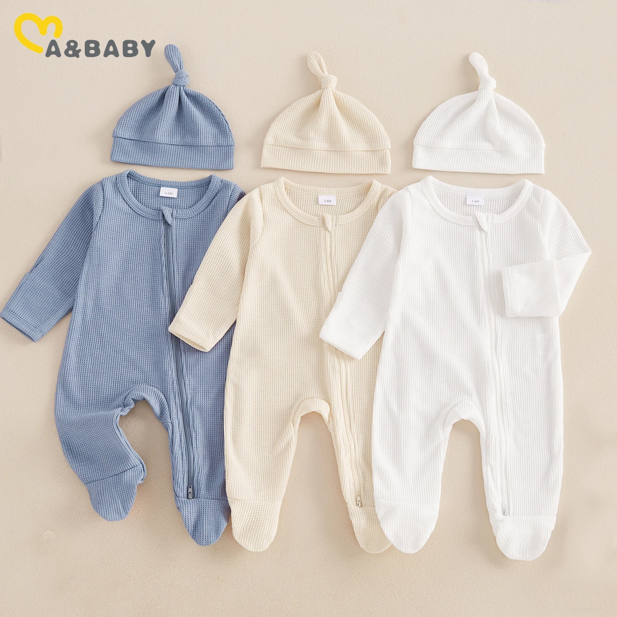 ma&baby 0-12M Infant Newborn Baby Boy Girl Jumpsuit Fall Footed Romper  Waffle Long Sleeve Romper + Hat Outfits