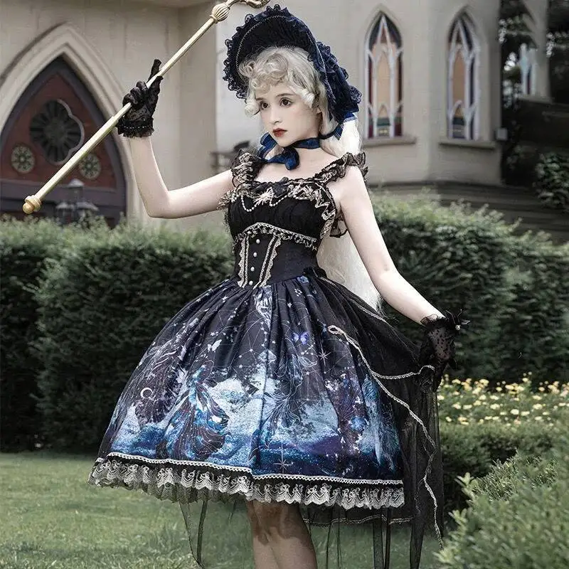 Jsk Sling Dress Fairy Fish Court Gorgeous Gothic Dark Lolita Dresses Kol Saati Lolita Skirts Black Night Goth Lolita Blouse