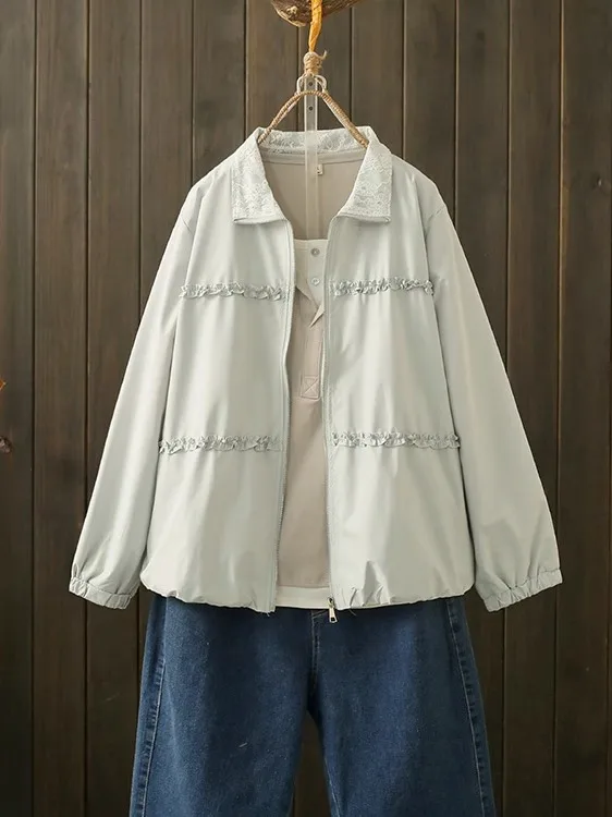 

Fall plus Size 200 Pounds Design Sense Lace Splicing Long Sleeve Jacket Loose Casual Versatile Baseball Style Top Trendy