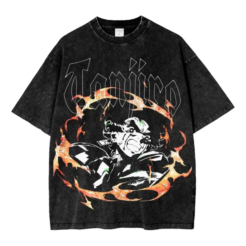 Camiseta gráfica de filmes de anime com sangue quente lavada, manga japonesa de grandes dimensões, estampada, manga curta, rua, y2k, algodão pesado, macio