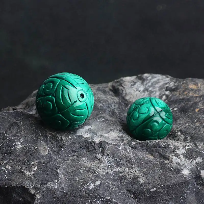 Natural Malachite Stone Carving Pattern Round Shape Loose Beads High Quality DIY Jewelry Accessories 1 Pcs yw54