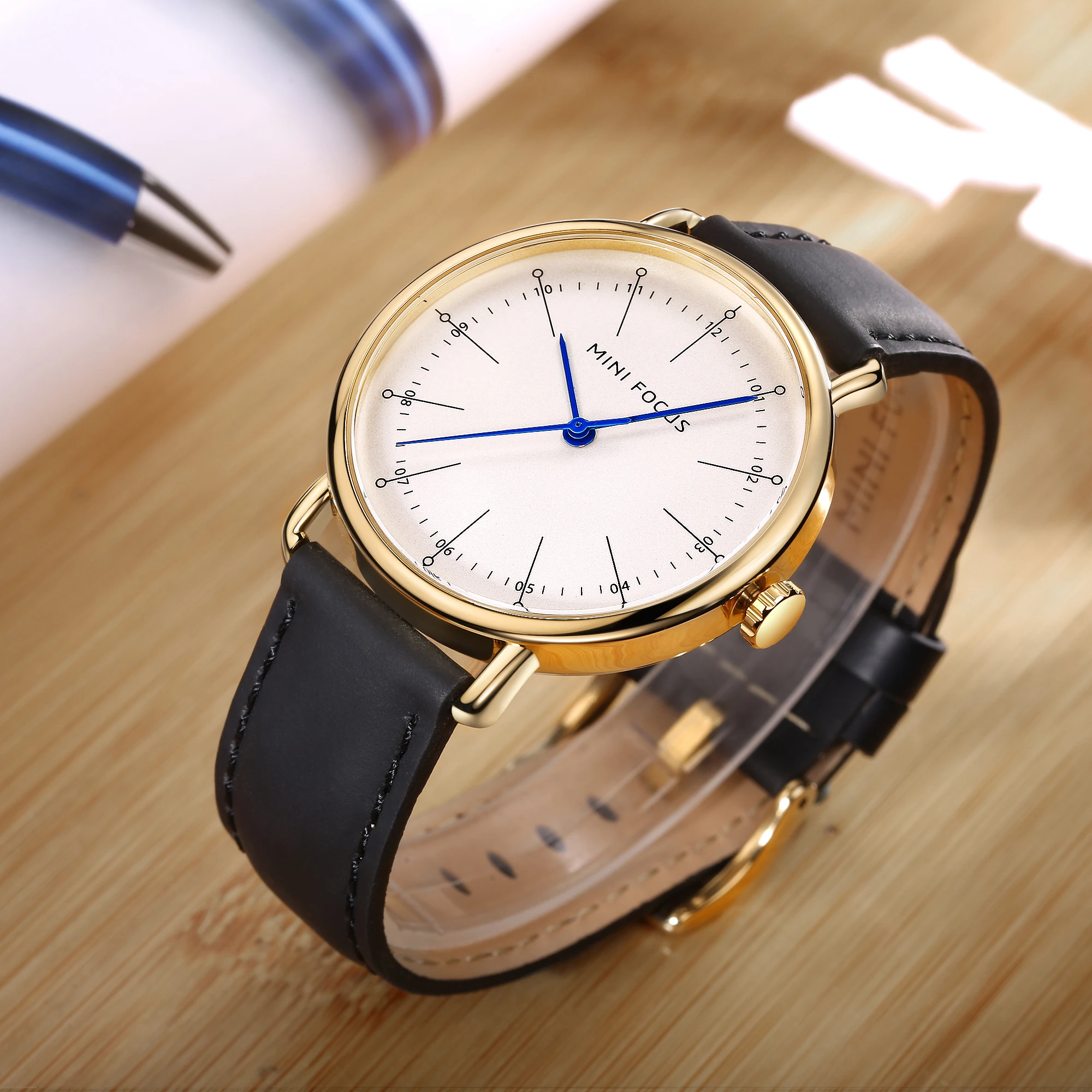 Mini Focus MF0056G Classic Quartz Watches Brown Genuine Leather Strap Waterproof Japan Quartz Movement Men Watch