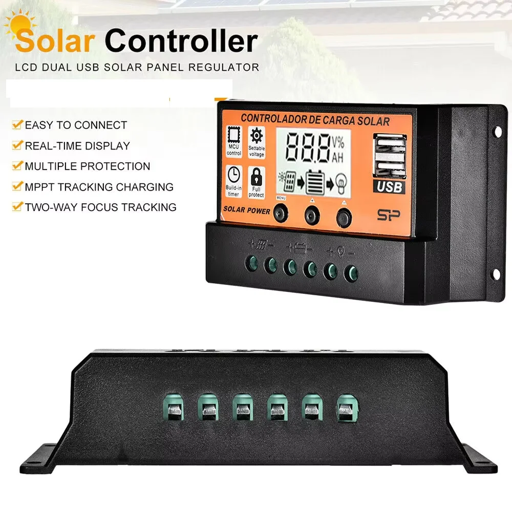 PWM Solar Charge Controller 10A 20A 30A 12v 24V Solar Controller Solar Panel Battery Regulator Dual USB 5V LCD Display