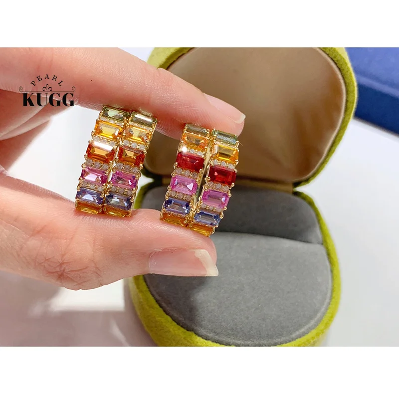

KUGG 100% 18K Yellow Gold Rings Fashion Design Shiny Diamond Natural Color Sapphire Ring for Women High Gemstone Jewelry