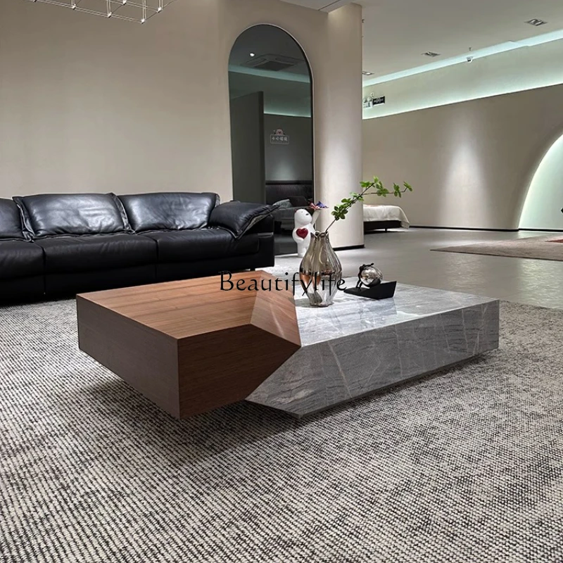 04Italian minimalist coffee table marble premium sense with drawer living room Milan gray natural luxury stone coffee table