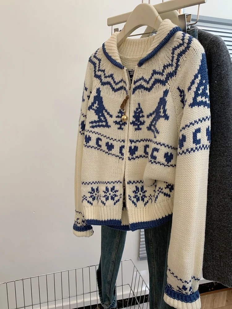 

Свитер с воротником в виде дерева в скандинавском стиле в стиле ретро Fair Isle Cisas, женский осенне-зимний новый ленивый свободный вязаный открытый кардиган для женщин