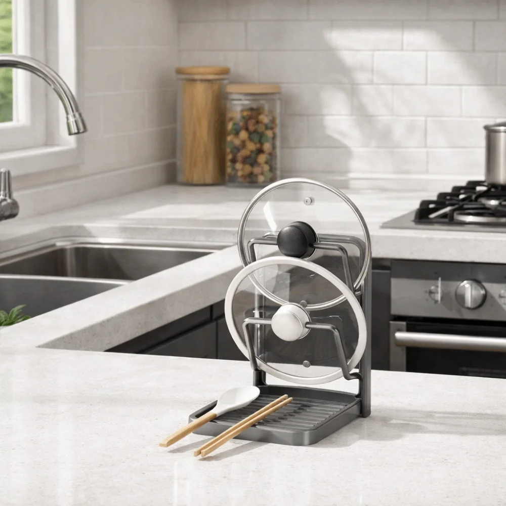 

No Drill Double Layers Pot Lid Rack Space Saving Durable Cutting Board Storage Rack with Drainage Tray Anti-slip