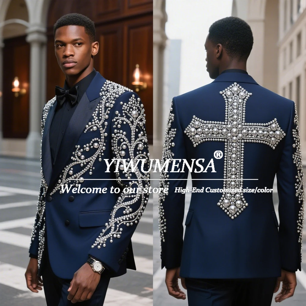 

Designer Pearls Beaded Suits Men For Wedding 2 Pieces Single Breasted Prom Blazers Outfits Customized Man Banquet Tuxedos Luxury