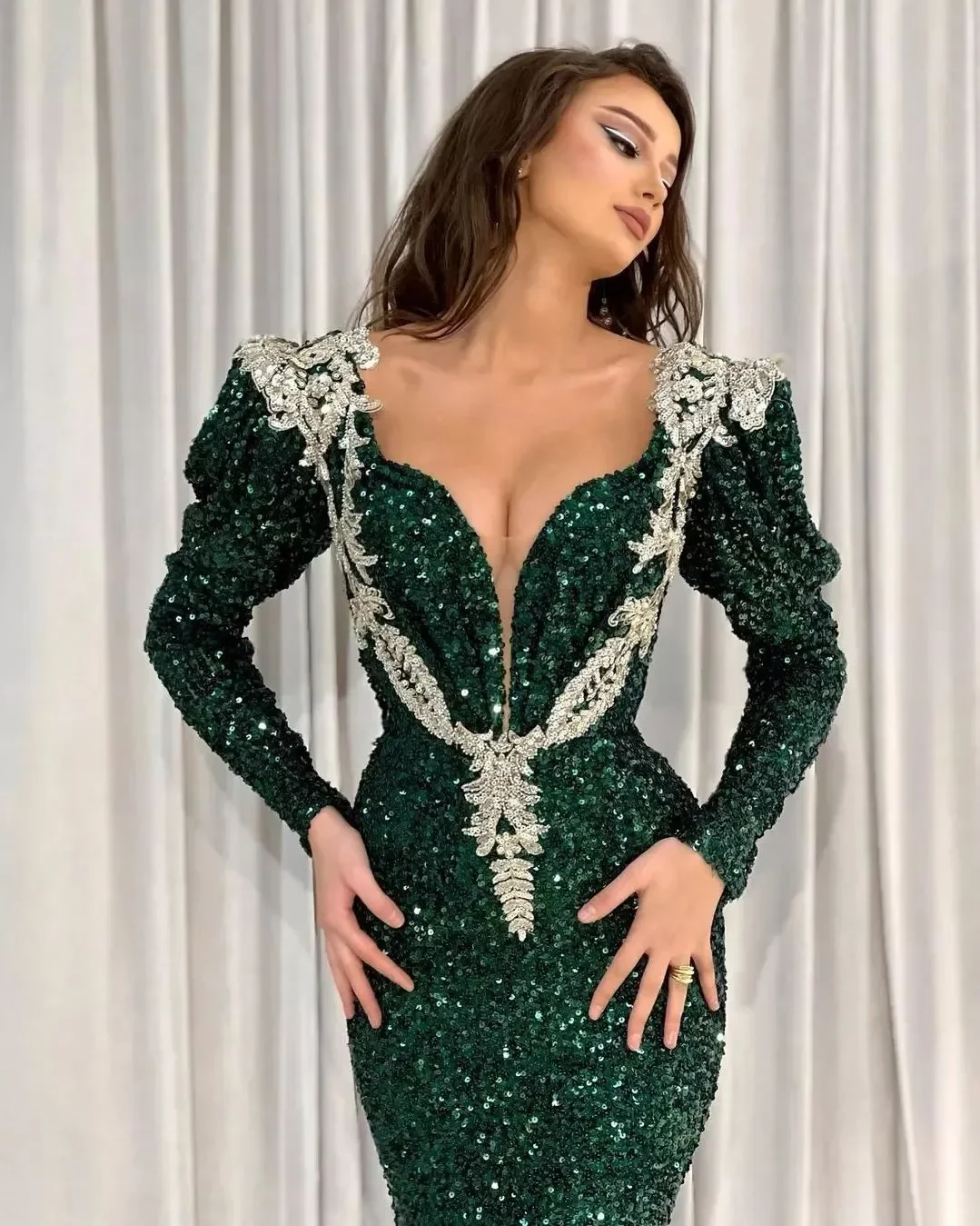 Vestidos de Baile de Sereia Árabe com Renda, Verde Escuro, Manga Comprida, Festa à Noite, Segunda Recepção, Vestidos de Noivado, Árabe Aso Ebi