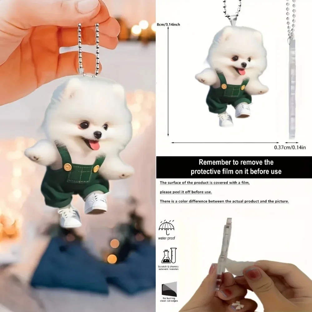 Rompers Dressed Pomeranian Dog Pendant Cute Puppy 2D Acrylic Keychain Versatile Charm,Decor for Car,Backpacks,Phone,Festive,Gift