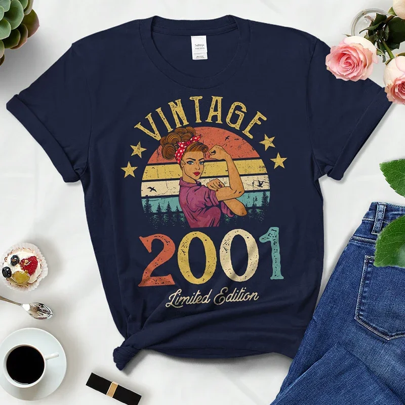 Vintage 2001 Limited Edition Women T Shirt 23rd 23 Years Old Birthday Mother Mom Wife Gift Cotton Black T-shirt Ladies Clothes