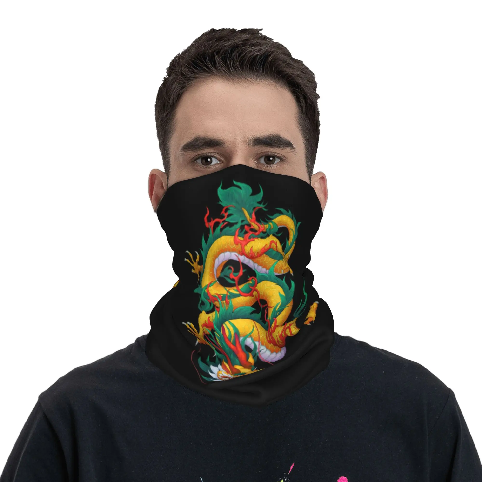Custom Golden Green Dragon Tattoo Bandana Winter Neck Warmer Men Windproof Wrap Face Scarf for Hiking Chinese Oriental Mythical view 4