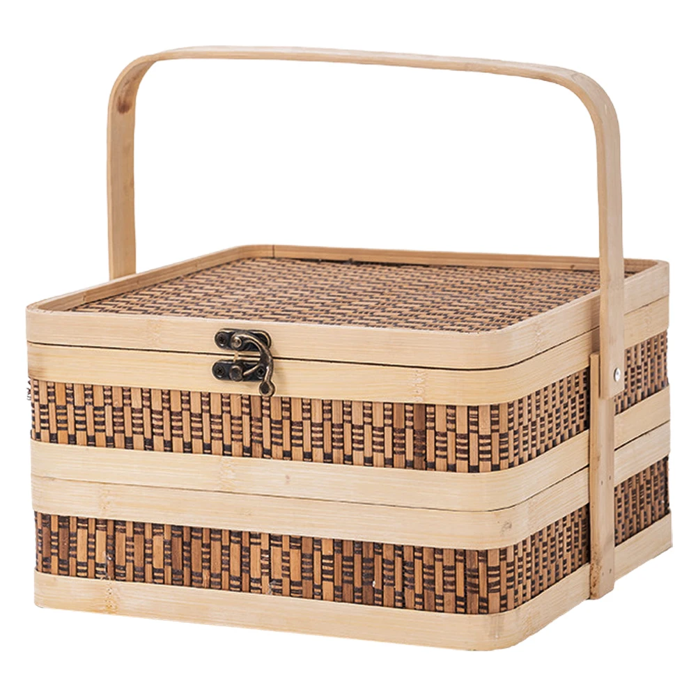 

Bamboo Woven Storage Basket Double Layer Handheld Design for Bread Fruits Desserts Picnic Party Serving Rustic Style
