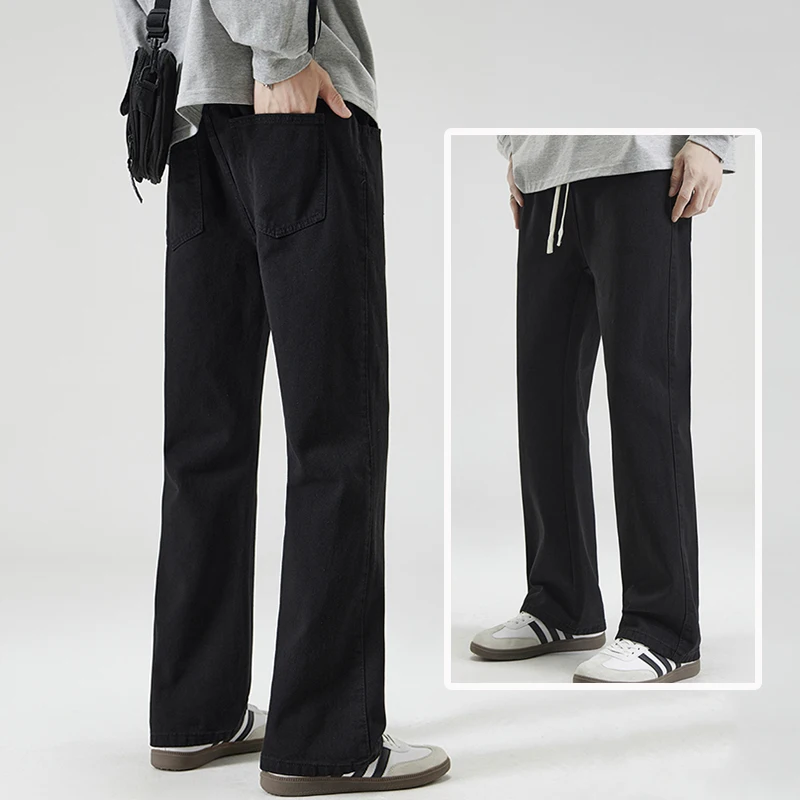 

Denim Jeans Autumn Spring New High Street Micro Flared Jeans Men Drawstring High Quality Elastic Waist Trousers
