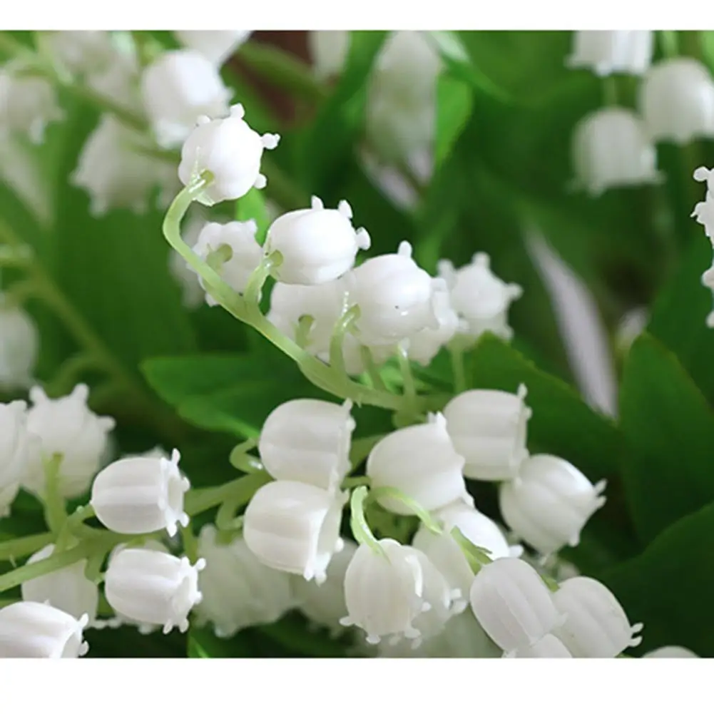 3ชิ้นดอกลิลลี่สีขาวของหุบเขาใบไม้ปลอมสีเขียวดอกไม้พลาสติกประดิษฐ์ช่อดอกไม้สดใสขนาดเล็กตกแต่งงานแต่งงานสวนในบ้าน