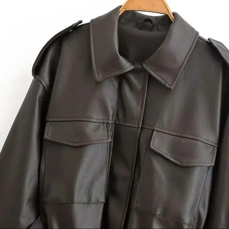 Diyigwoman autumn 2025 new fashion imitation leather with belt jacket retro long sleeve Joker lapel coat Outerwear Mujer