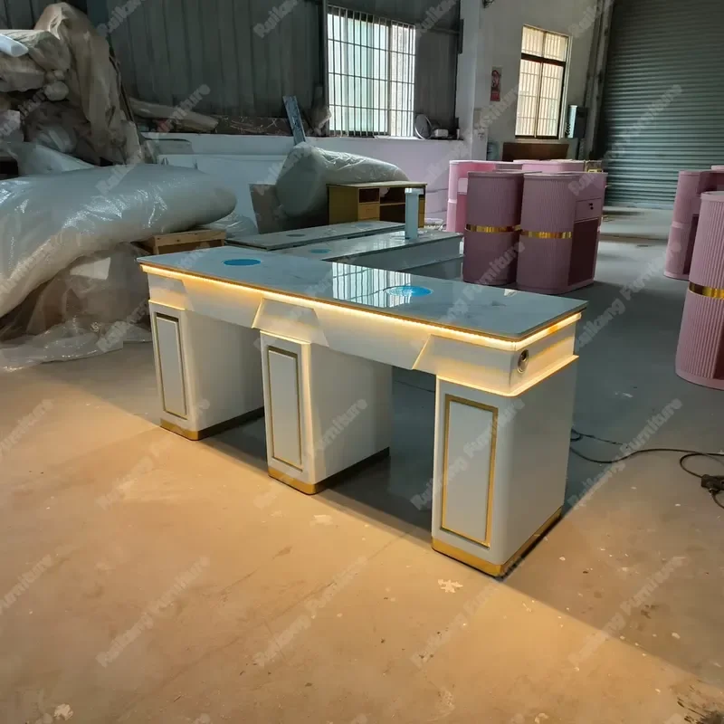 Luxury Modern Marble Nail Table Double Manicure Desk Professional Salon Ambient Light Tech Station Furniture