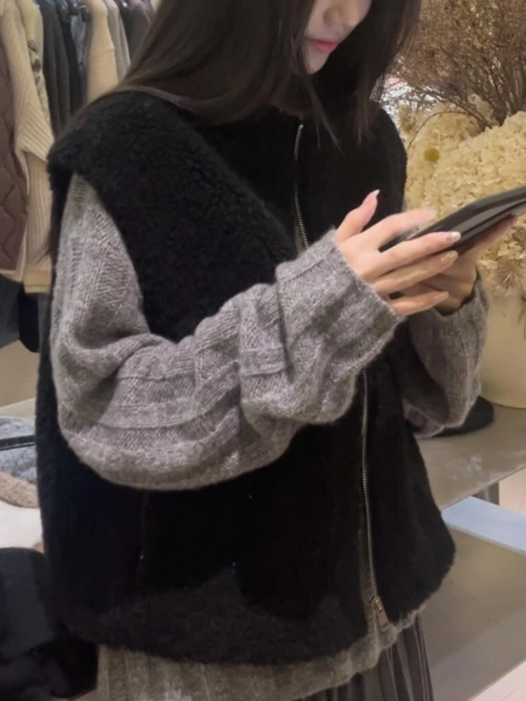 Retro Sle Dames Open Eapenvacht Vest Svel Ronde Ne Loose Fit Herfst Winter Bovenkleding Ritssluiting