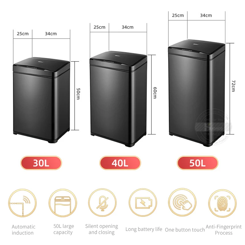 Imagem -02 - Lata de Lixo Inteligente de Indução Automática Lixeira Impermeável com Tampa Grande Capacidade Cozinha e Banheiro Lixeiras de Sensores 30 l 40 l 50l