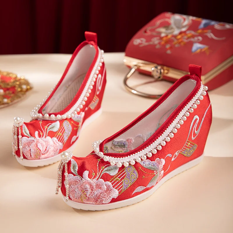 

High Quality Handmade Wedding Shoes Women's Chinese Style Height Increasing Insole Archaistic Ancient Costume for Han Clothing