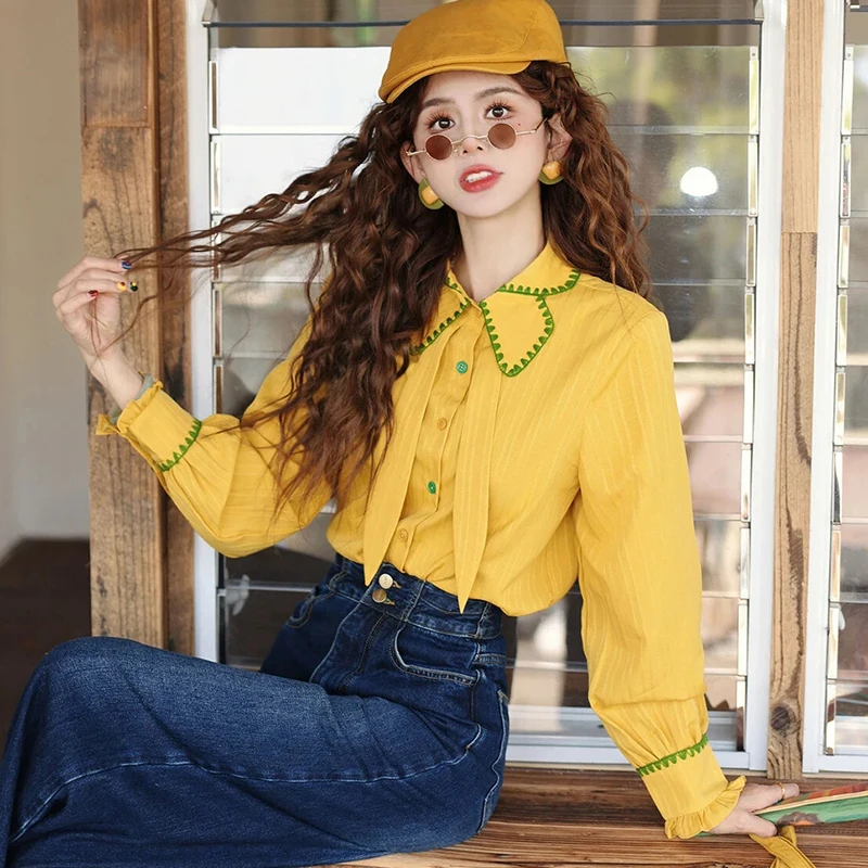 Cute Reversible Women Jacket Ruffle Trim Button Down Coat Yellow Contrast Collar Long Sleeve Loose Sweet Cottagecore Outerwear