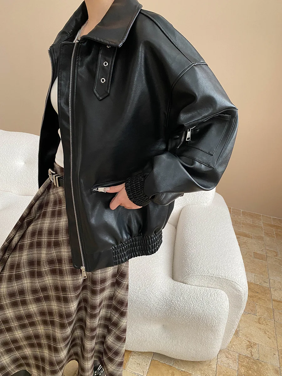 معطف جلد للدراجات النارية من Modern Street American Retro Matte PU بياقة جلدية كونتور