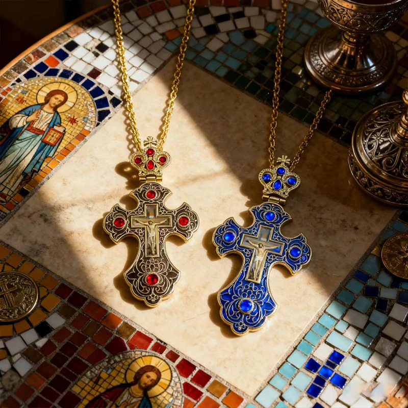 Neue 2026 Luxus-Emaille-Orthodoxe-Kreuz-Halskette mit rotem Kristall & vergoldetem Kruzifix-Ikonen-Schmuck für Priester, Liturgie & Sakramente – Detail 16