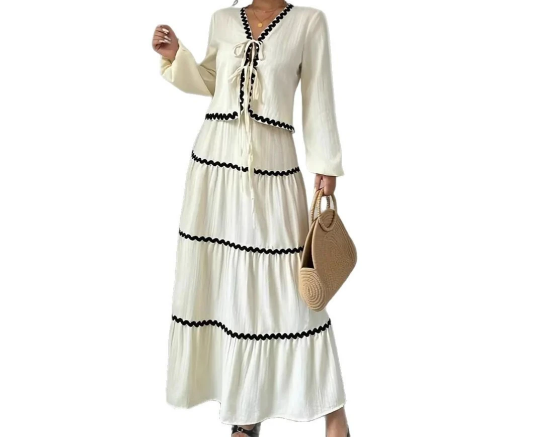 2025 Set camicia e gonna con fiocco con maniche a lanterna piegate a strati di pizzo estivo per donna