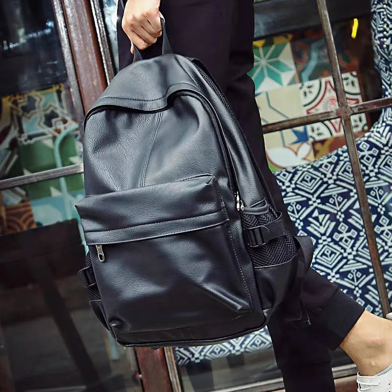 14 Inch Men's Backpack Large Capacity Travel Leisure Solid Color Pu Computer Backpack Fashion Men  Students Schoolbag