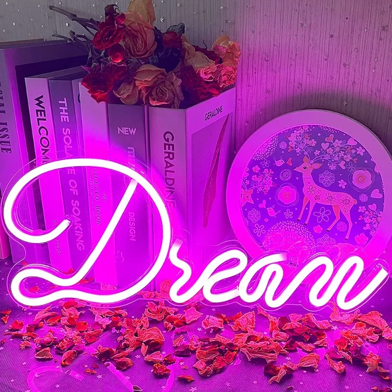 Dream Neon Led Light with USB Powered & Acrylic Panel Pink LED Wall Sign Wall Bedroom Wedding Coffee Shop Wall Art Decoration