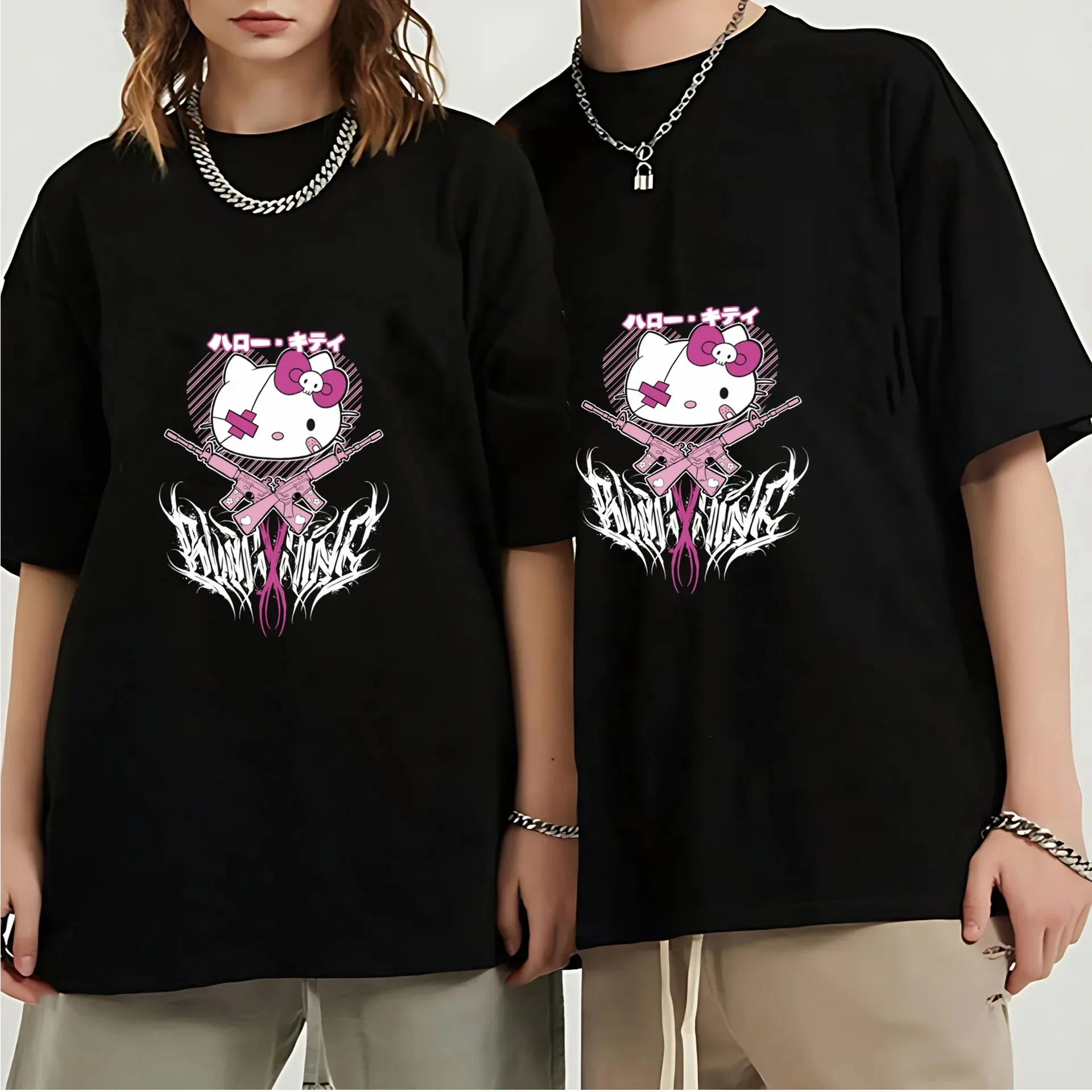 男性と女性のための半袖Tシャツ,特大の夏服,カジュアル,ルーズ,新しいハローキティプリント,y2k,同じパラグラフ