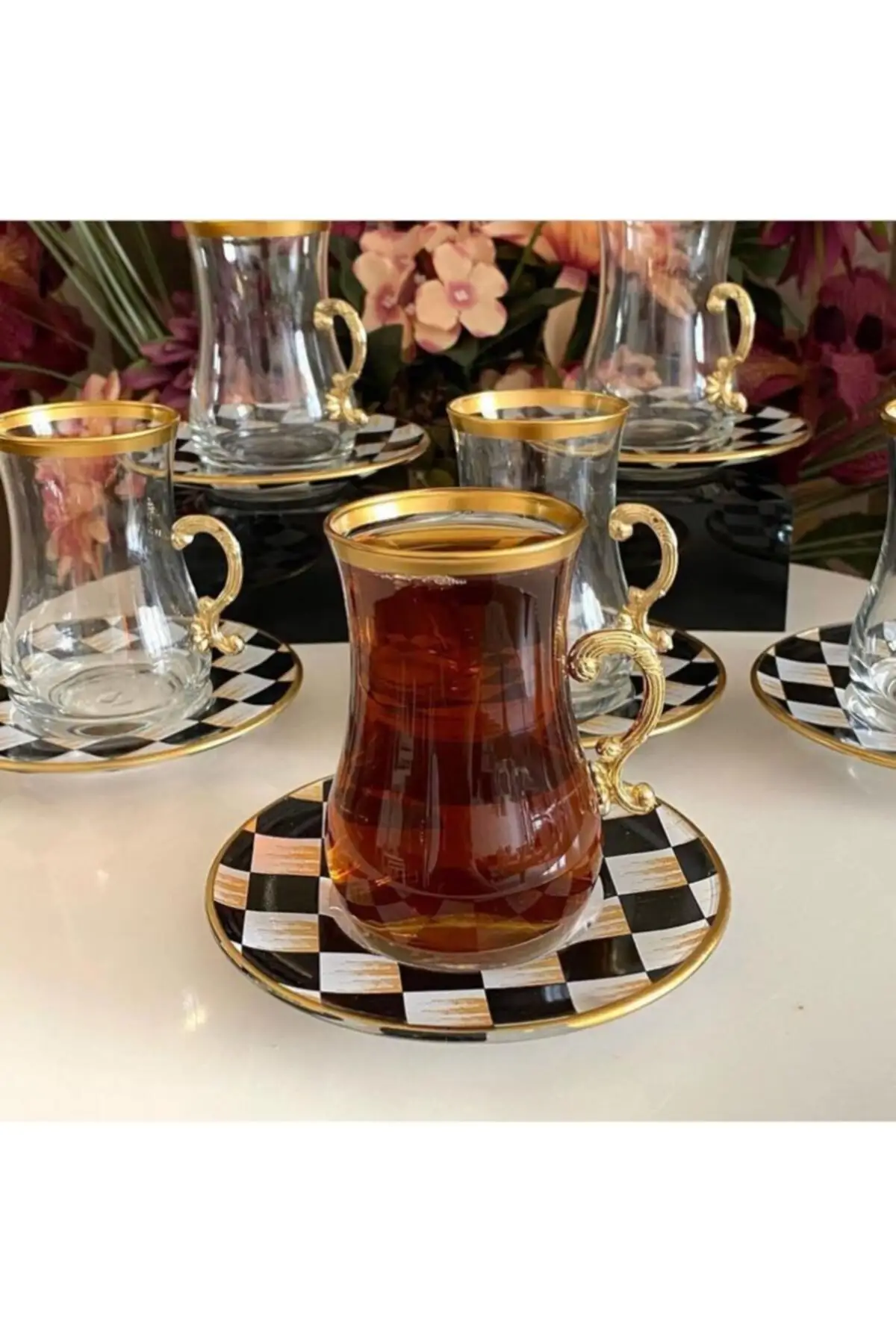 

DOLBOVI Hand Decor Checkers Embroidered With Handle Tea Glass Cup Seti 6 Personality 12 Parça English Tea Glass Cup