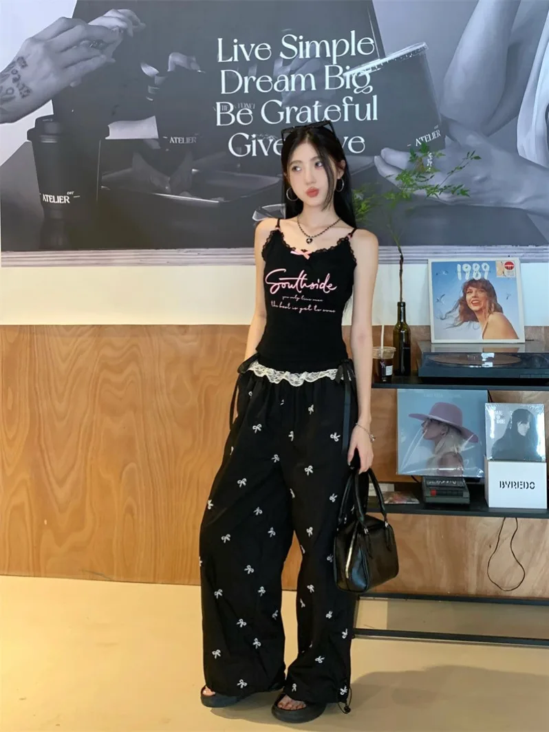 

Summer Casual Lace Splicing Letter Print Crop Top And High Waist Wide Leg Pants Two Piece Set Women's Fashion Outfit