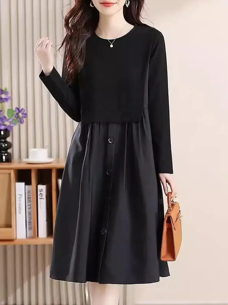 캐주얼 슬레 플러스 사이즈 드 페이크 투피스 롱 슬리브 루즈핏 스플라이스 슬리밍 미디 길이 A라인 스커트 여성용