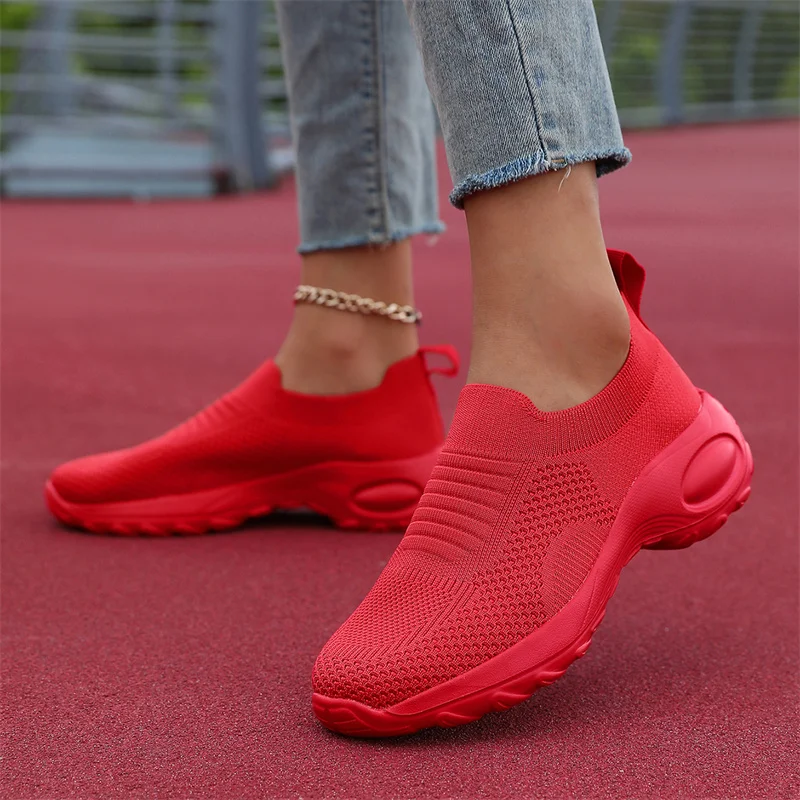 New large size ladies fashion flying woven casual shoes comfortable sports shoes thick sole anti-slip wear sports shoes